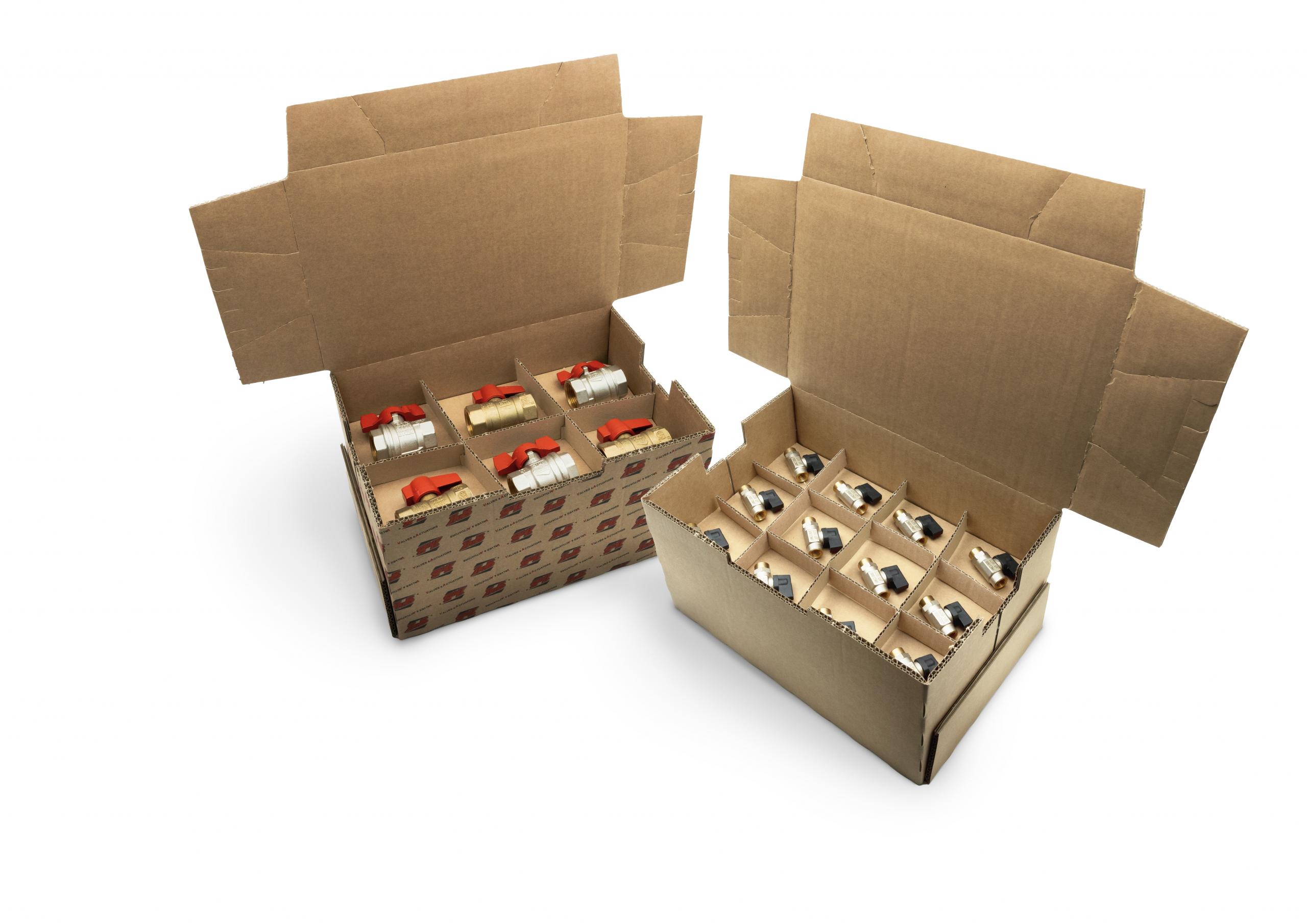 Two sustainable easy-opening boxes and honeycomb cardboard dividers that contain RuB brass ball valves Two sustainable easy-opening boxes and honeycomb cardboard dividers that contain RuB brass ball valves